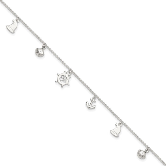 Sterling Silver Polished Ocean Theme 10in Plus 1in Ext. Anklet