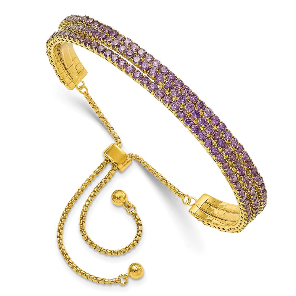SS Gold Tone February Purple Triple CZ Adjustable Bracelet