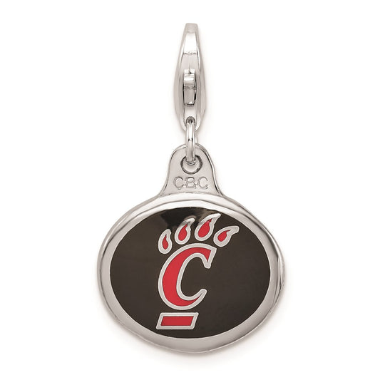Amore La Vita Sterling Silver Rhodium-plated Polished Enameled University of Cincinnati Charm with Fancy Lobster Clasp