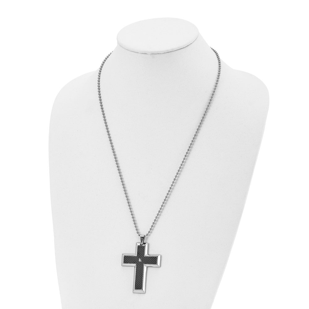 Stainless Steel Blk Carbon Fiber Inlay .01ct. Diamond Accent Cross Necklace
