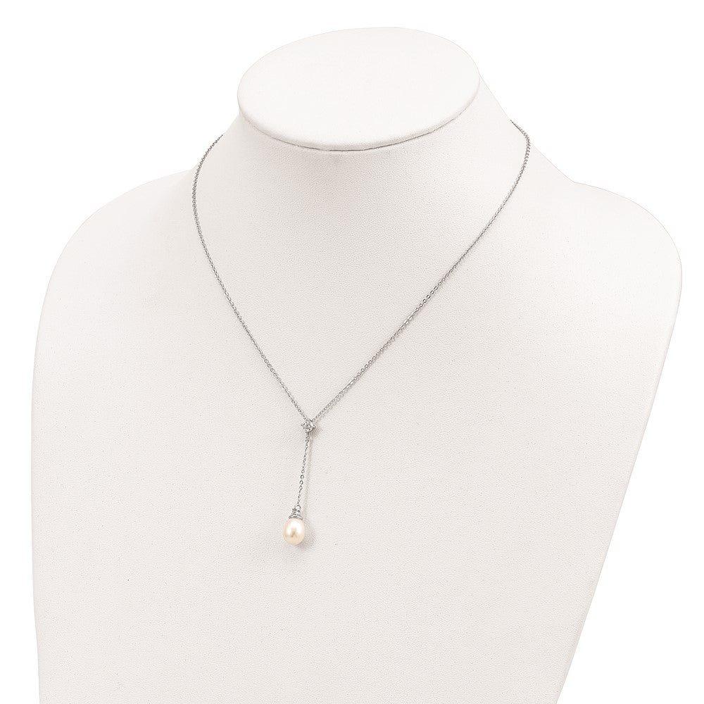 Sterling Silver Rhodium-plated 8-9mm White Teardrop Freshwater Cultured Pearl and CZ Drop 18 inch Necklace 18 Inches