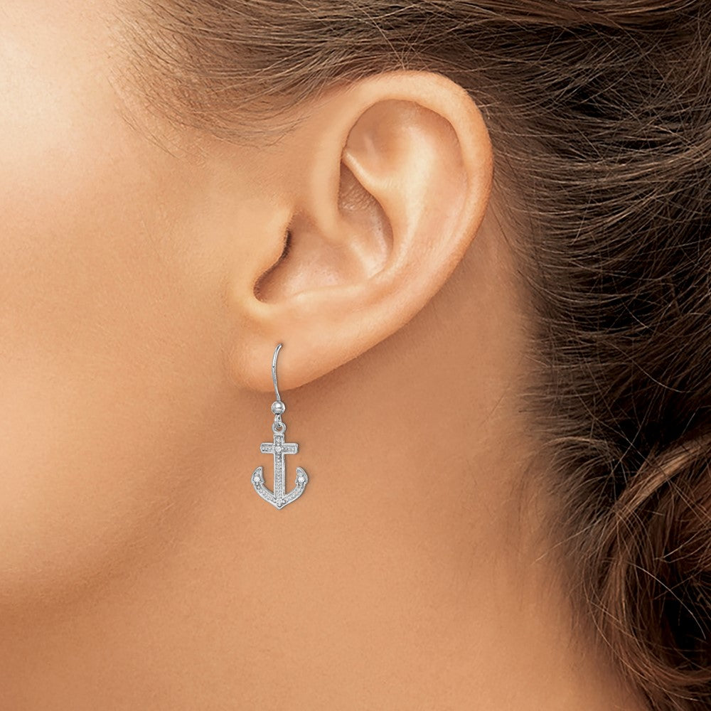 Sterling Silver Rhodium-plated Polished CZ Anchor Shepherd Hook Earrings