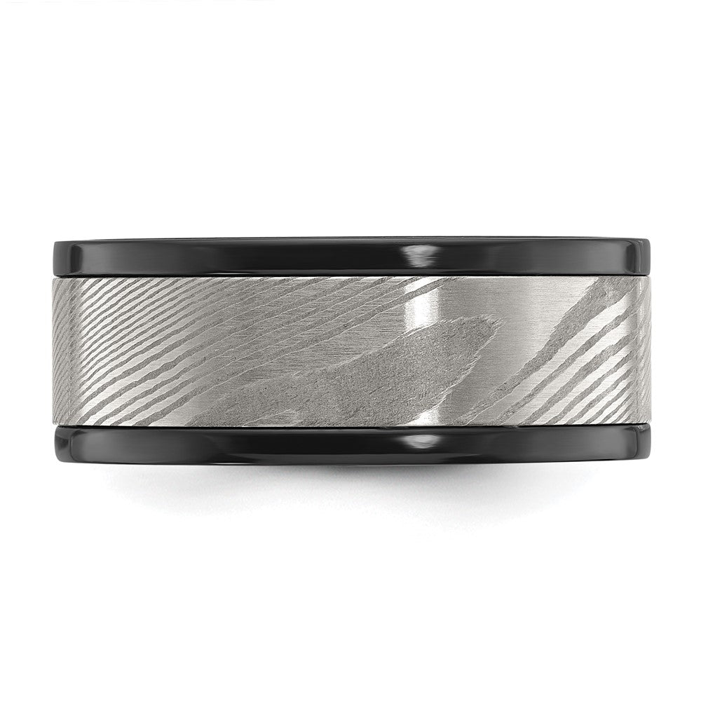 Chisel Black Zirconium Polished with Damascus Inlay 9mm Band Size - 8