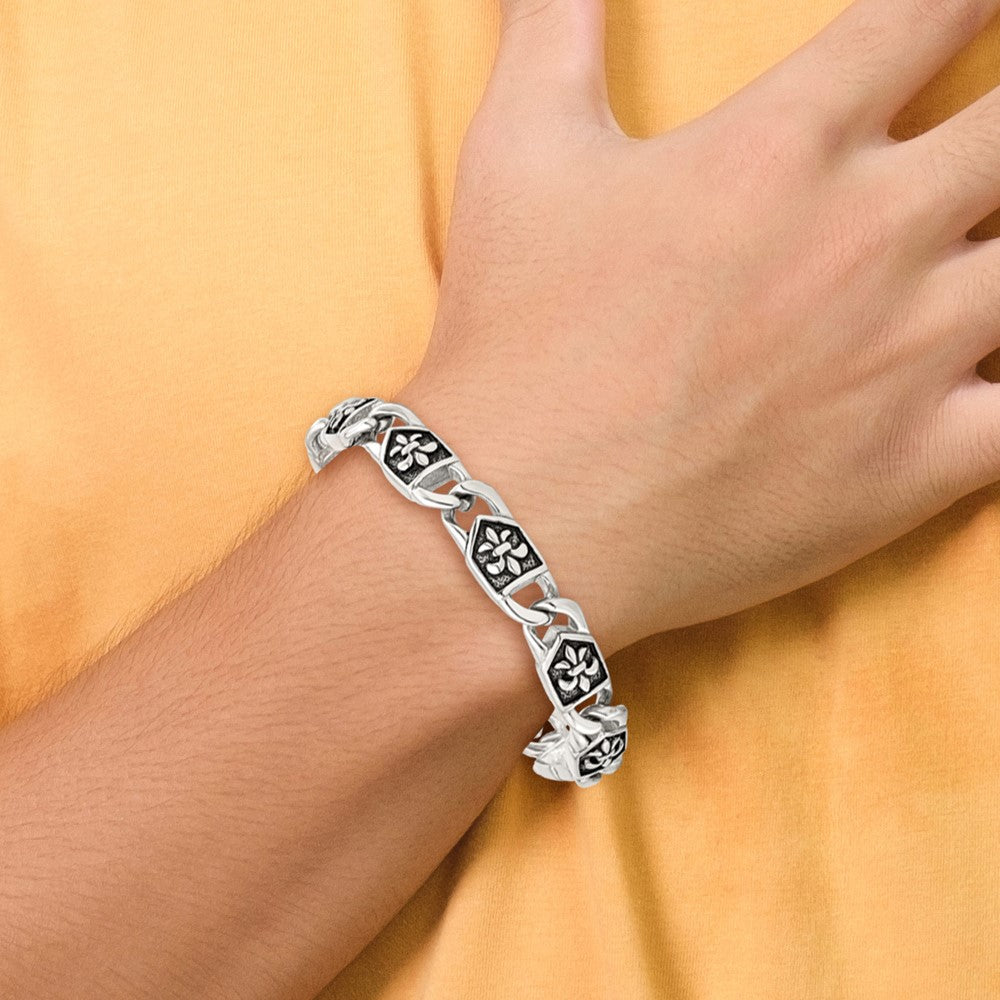 Stainless Steel Antiqued and Polished Fleur de Lis 8.75in Bracelet 8.75 inches