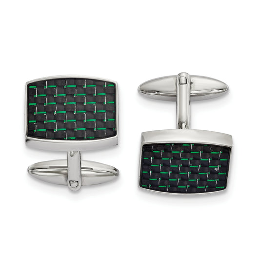 Stainless Steel Polished Black and Green Carbon Fiber Inlay Cuff Links