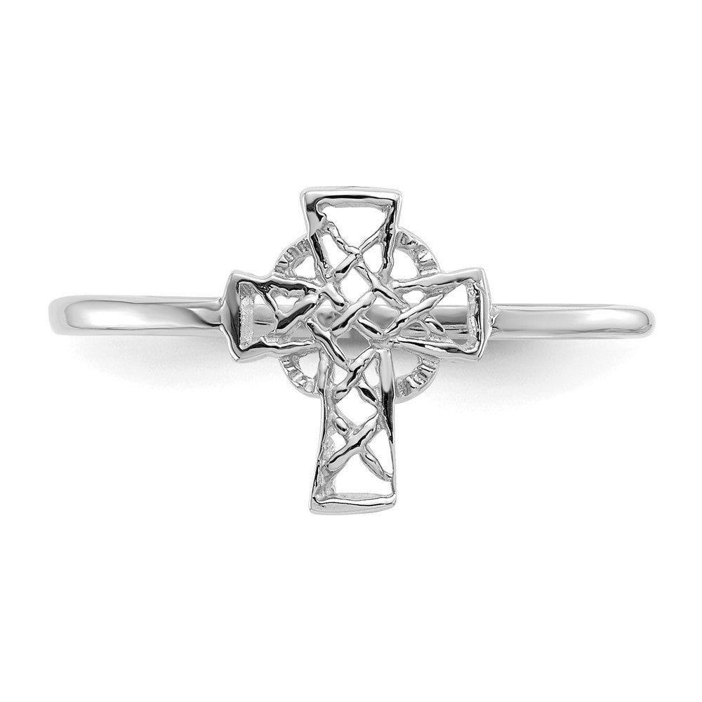 14k White Gold Polished Celtic Cross Ring Size 7