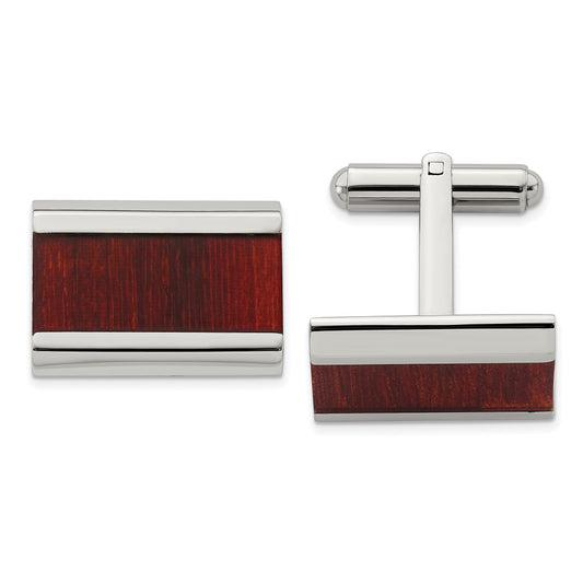 Stainless Steel Polished Red Wood Inlay Cuff Links