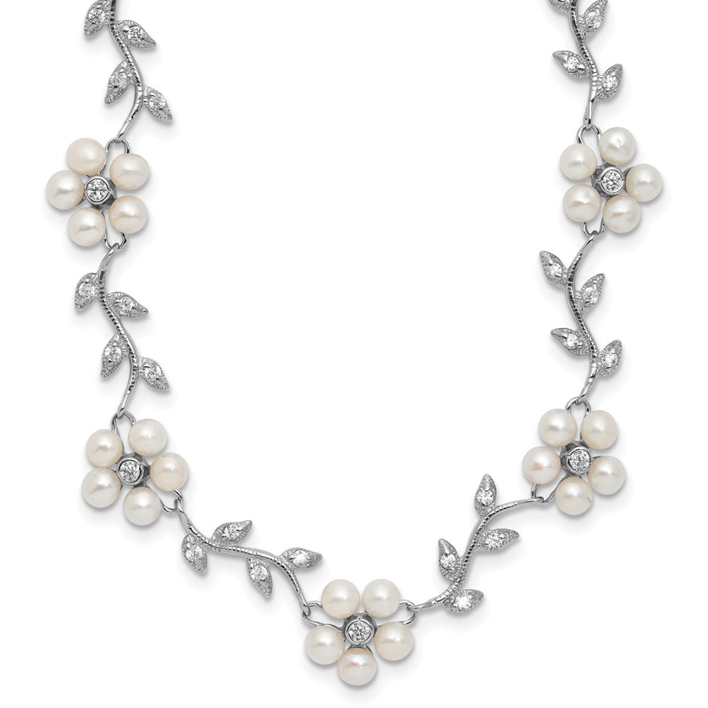 Sterling Silver Rhodium-plated CZ Vine Pattern and Fresheater Cultured Pearl Floral 16 inch Necklace 16 Inches