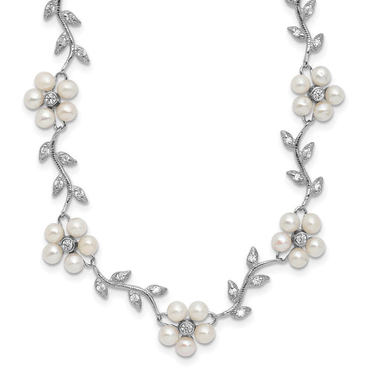 Sterling Silver Rhodium-plated CZ Vine Pattern and Fresheater Cultured Pearl Floral 16 inch Necklace 16 Inches