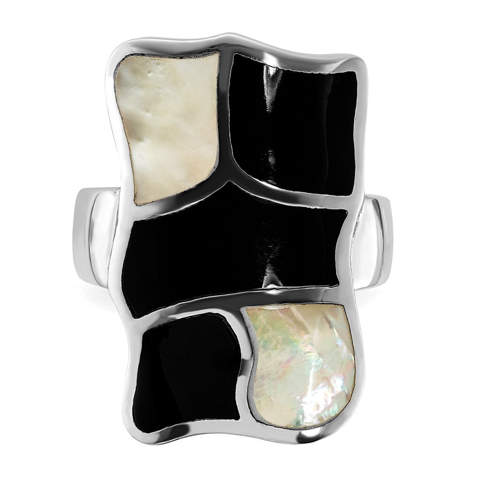 Sterling Silver Polished Mother of Pearl & Black Enamel Ring