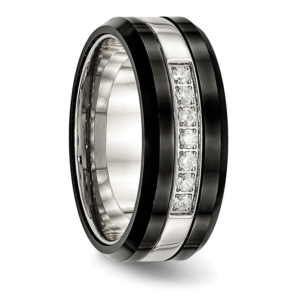 Stainless Steel Polished Black Ceramic CZ Beveled Edge Ring Size - 6