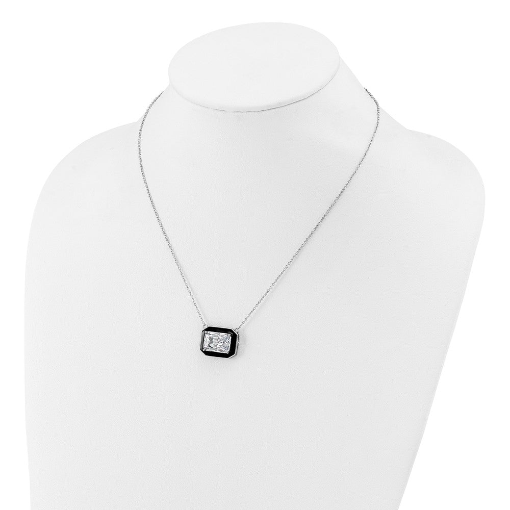 Cheryl M Sterling Silver Rhodium-plated Polished Black Enamel and Emerald-cut CZ Necklace 18 Inches