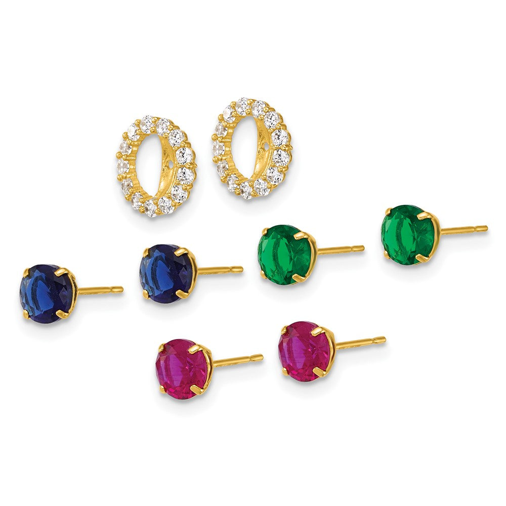 10k Set of Three Red, Blue and Green Glass Stone Studs with CZ Halo Jacket Post Earrings