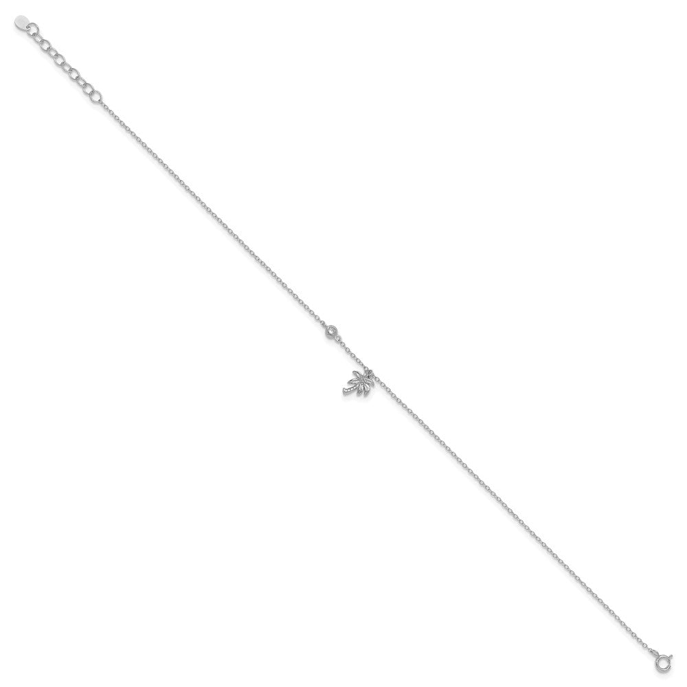 Sterling Silver Rhodium-plated CZ and Palm Tree 9in Plus 1in Ext. Anklet 9 inches