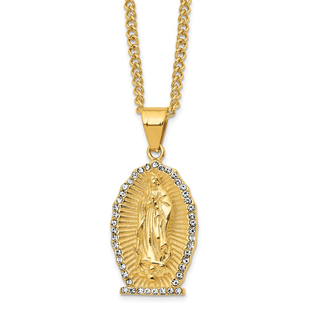 Stainless Steel Polished Yellow IP w/Crystal Lady of Guadalupe Necklace