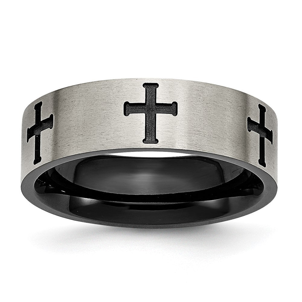 Titanium Brushed Black IP-plated Cross 7mm Band Size - 7.5