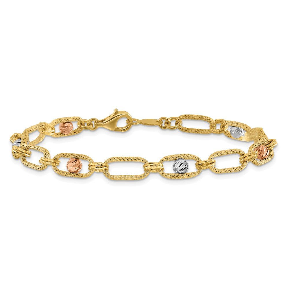 14K Tri-color Polished/Textured/Dia-cut Fancy Link Bracelet 7  inches