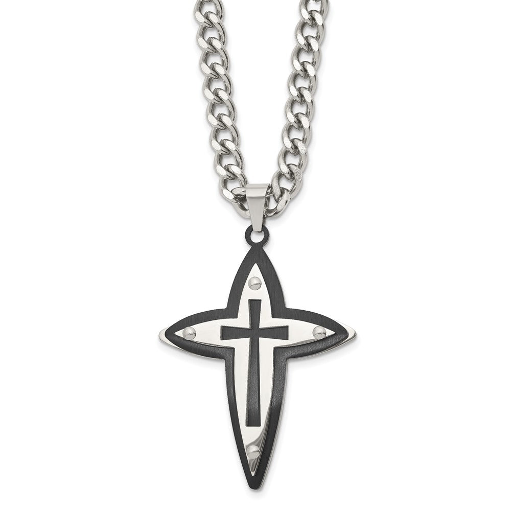 Stainless Steel Polished Black IP-plated Cross 22in Necklace