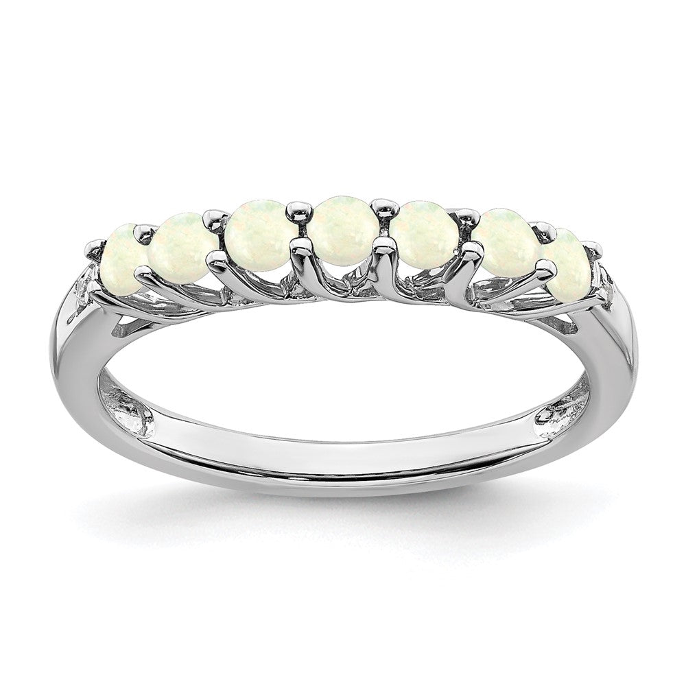 10k White Gold Created Opal and Diamond 7-stone Ring