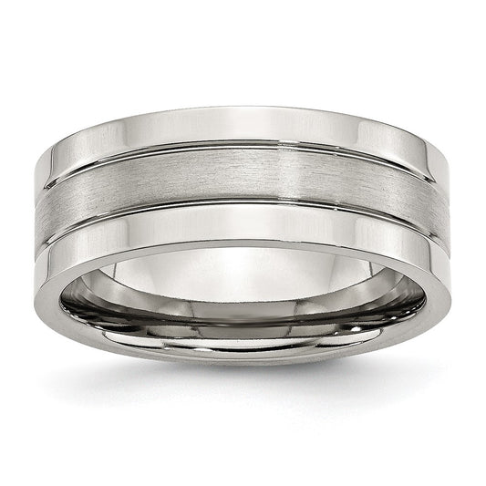 Stainless Steel Polished w/Satin Center 8mm Grooved Band Size - 8