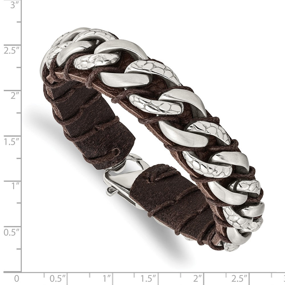 Stainless Steel Brushed Polished & Textured Brown Leather 8.5in Bracelet 8.5 inches