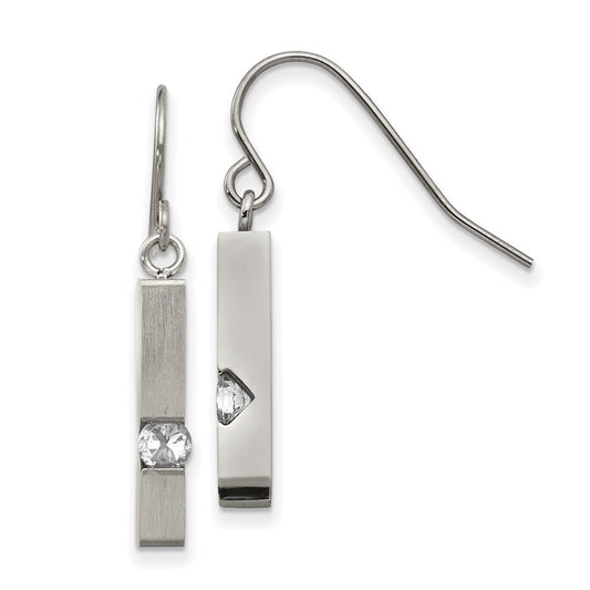 Stainless Steel Brushed and Polished w/CZ Bar Shepherd Hook Earrings