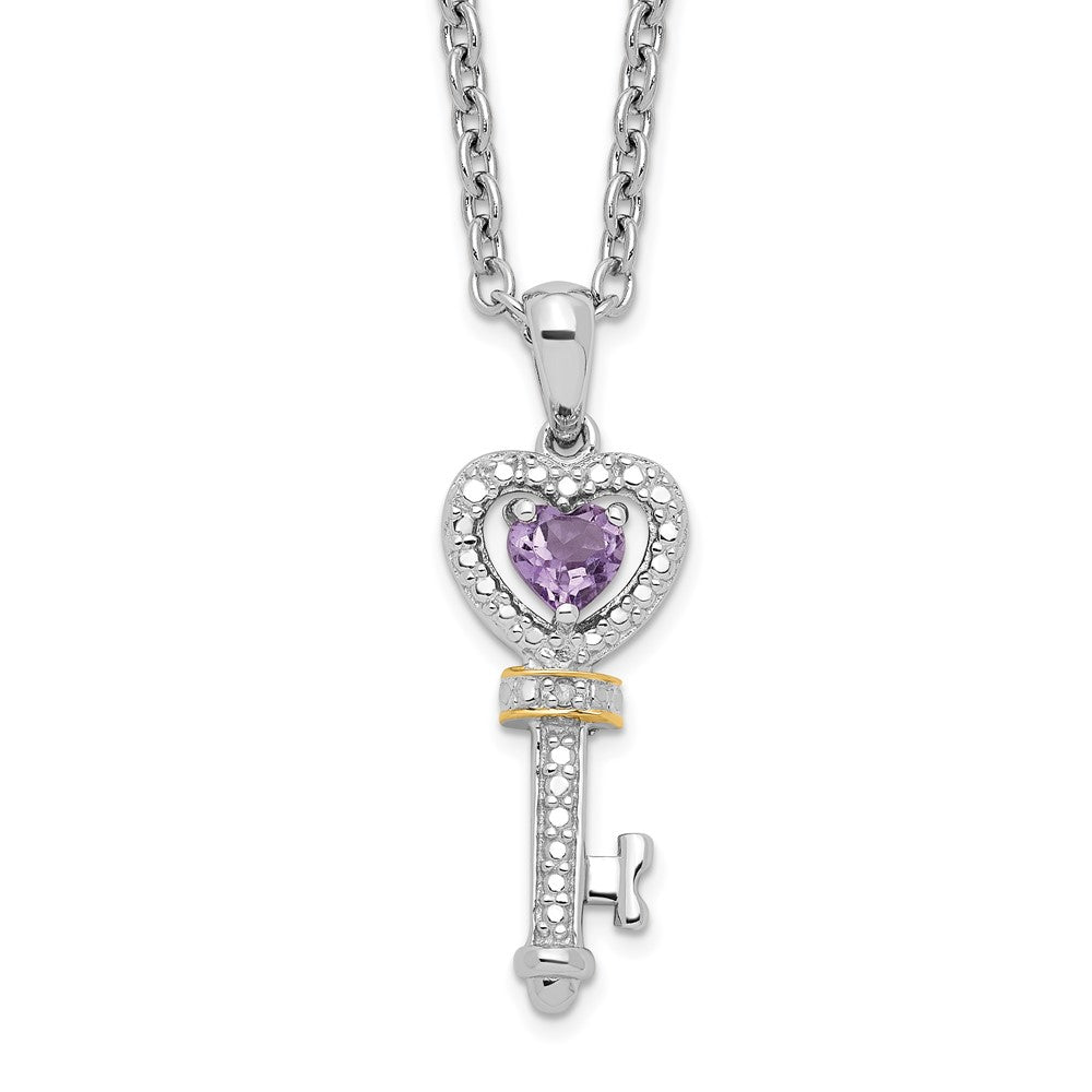 Brilliant Gemstones Sterling Silver with 14K Accent Rhodium-plated Amethyst and Diamond Key 18 Inch Necklace with 2 Inch Extender 17 Inches
