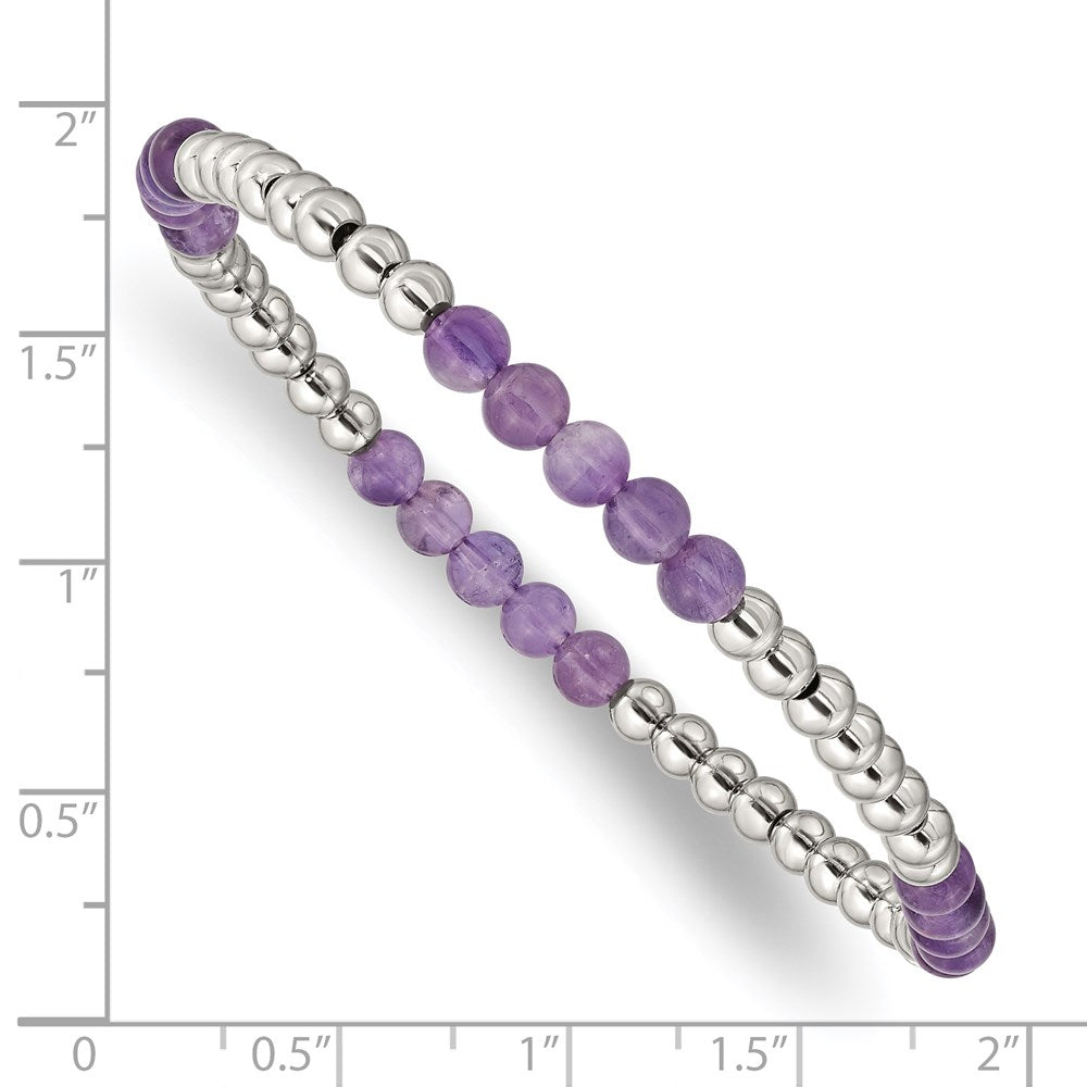 Stainless Steel Polished Purple Zebra Amethyst Beaded Stretch Bracelet 7 inches