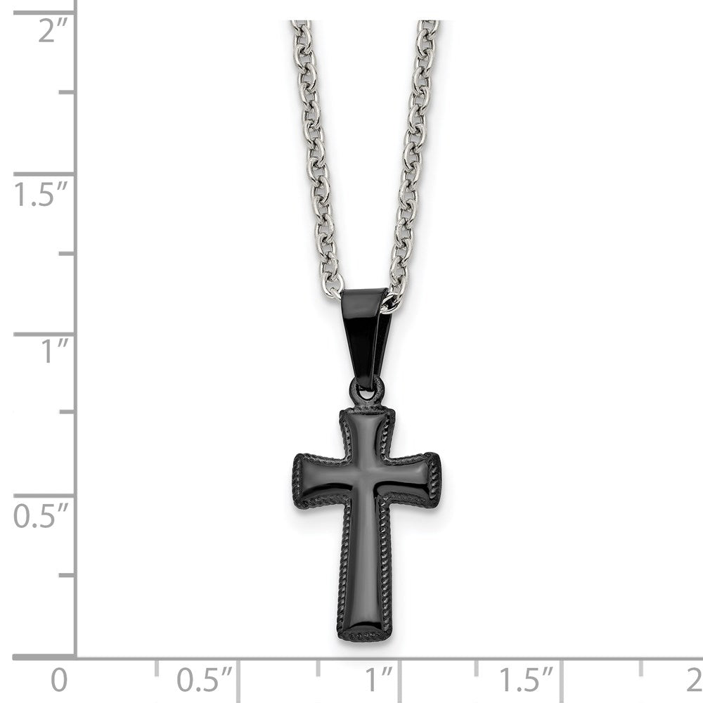 Stainless Steel Polished Black IP-plated Small Pillow Cross 16in Necklace