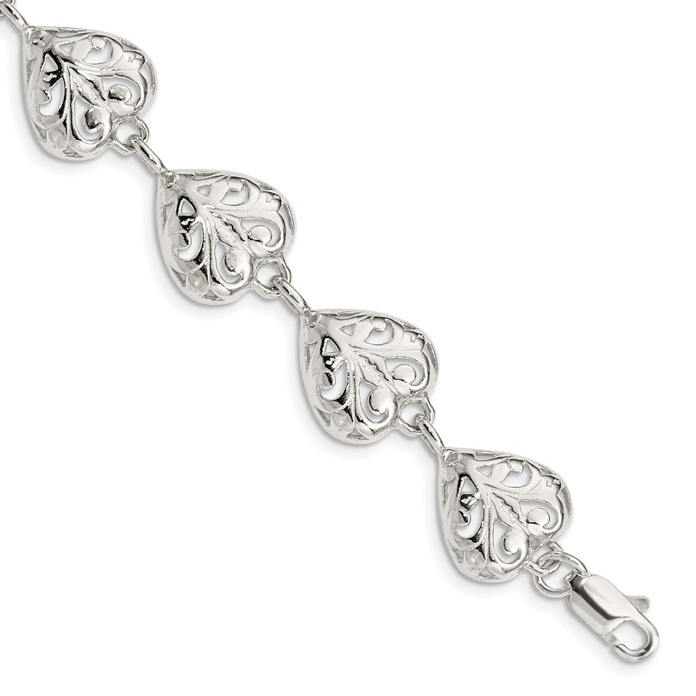 Sterling Silver Fancy Filigree Heart 7 inch Bracelet 7 inches