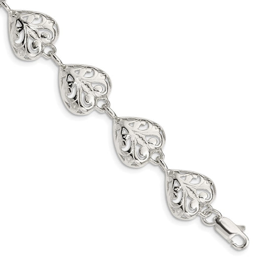Sterling Silver Fancy Filigree Heart 7 inch Bracelet 7 inches