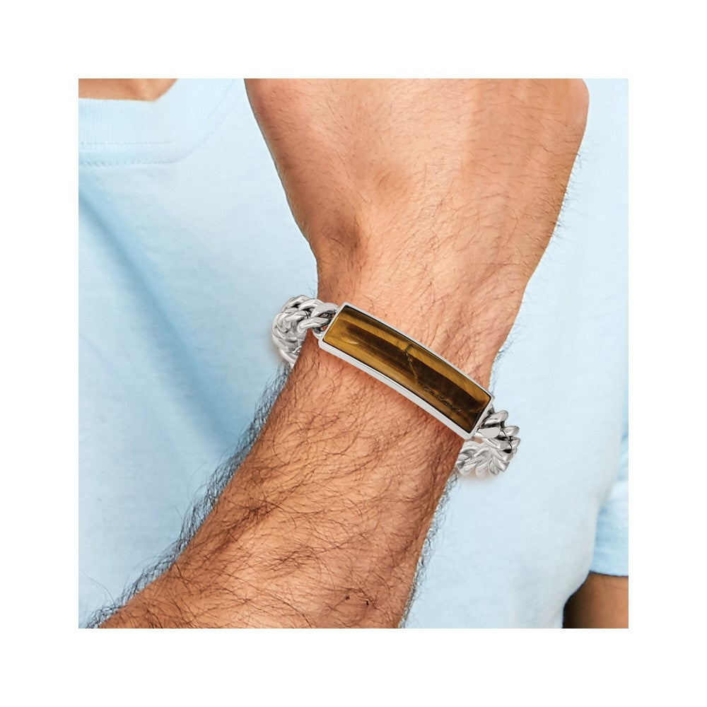 Stainless Steel Polished with Tigers Eye Inlay 8.25in Bracelet 8.25 inches