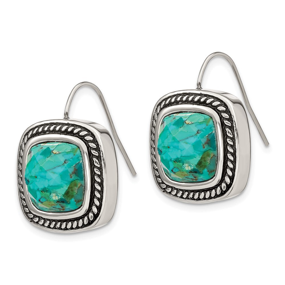 Stainless Steel Antiqued & Polished Imit. Turquoise Shepherd Hook Earrings