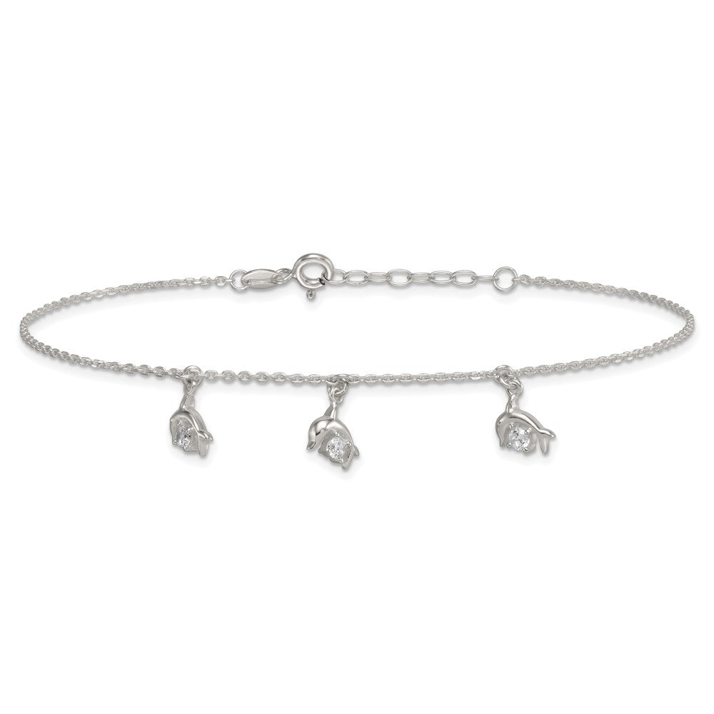 Sterling Silver Polished White CZ Dolphin Dangles 9 inch with 1 inch Extension Anklet