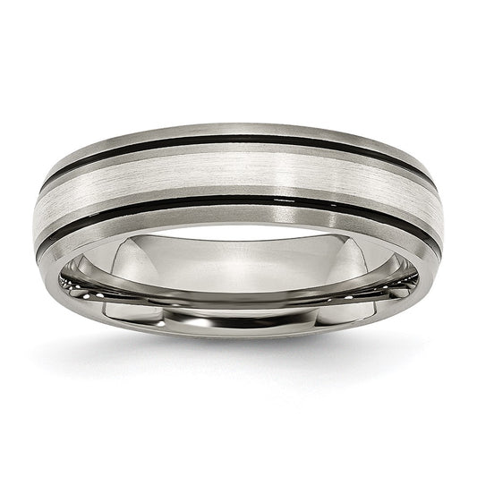 Titanium Antiqued Brushed Center Sterling Silver Inlay 6mm Grooved Band Size - 13