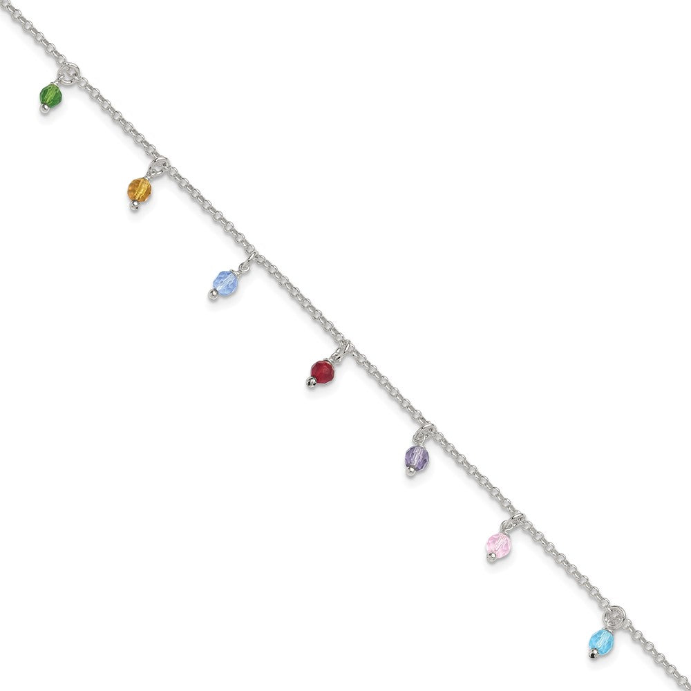 Sterling Silver Polished Multi-colored Beads 9in Plus 1in ext. Anklet 9 inches