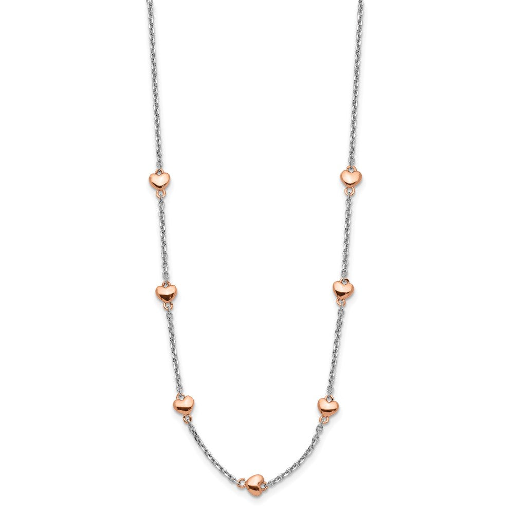 Sterling Silver RH-plated Rose gold-pltd 7-Heart 1.5in ext. Necklace 15 Inches