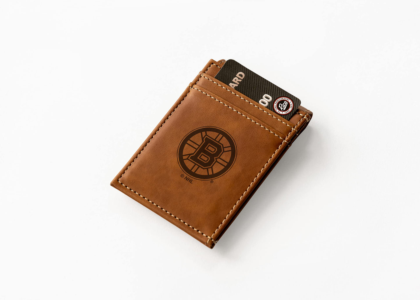 NHL Boston Bruins Brown Faux Leather Front Pocket Wallet with 2 Card Slots and ID Window QGC7567