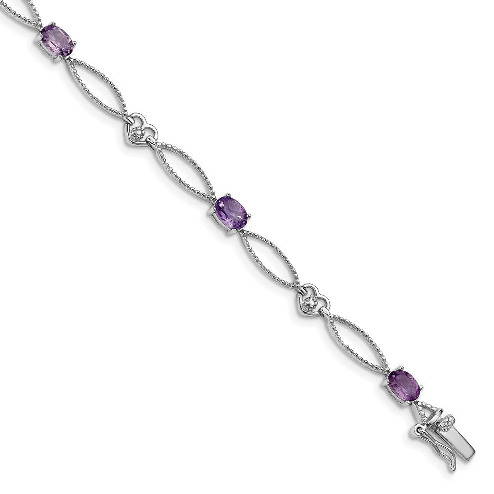 Sterling Silver Rhodium-plated Diamond & Amethyst Oval D/C Bracelet 7 inches