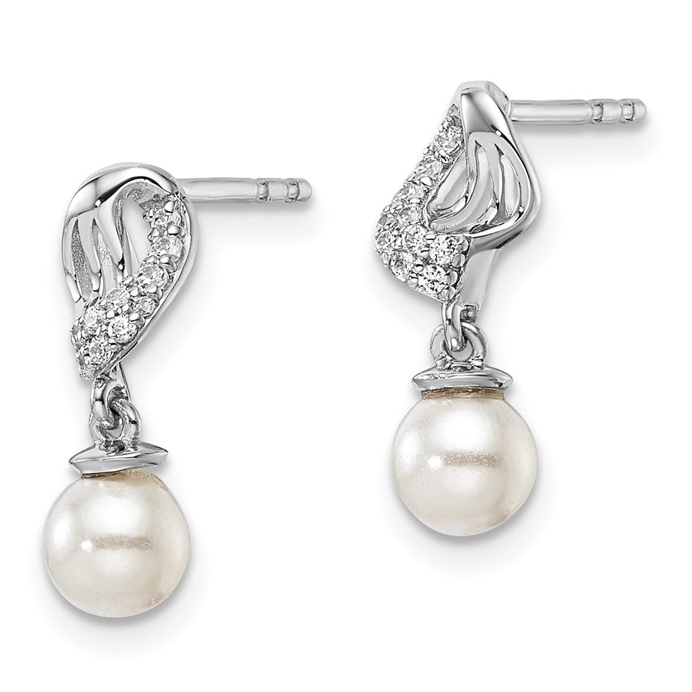 14K White Gold Polished Diamond and Pearl Dangle Post Earrings