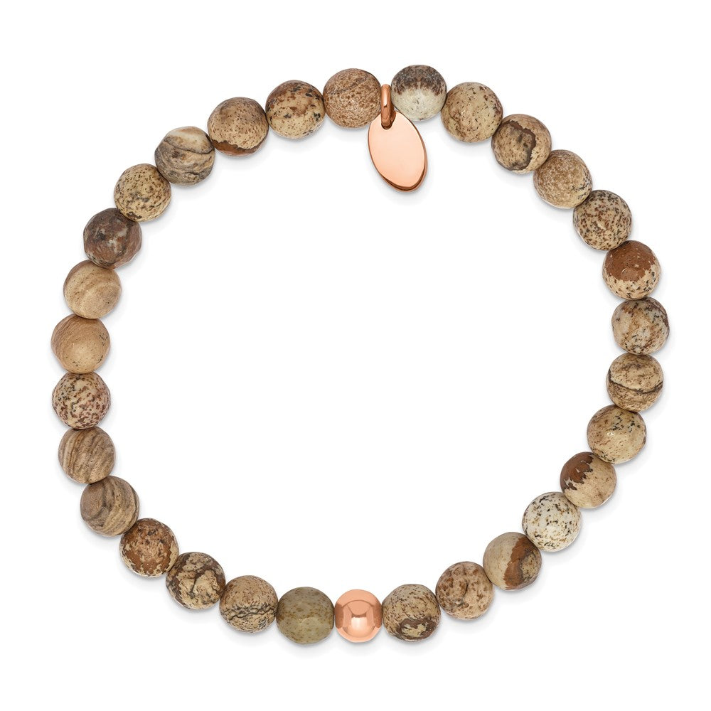 Stainless Steel Polished Rose IP-plated Brown Jasper Stretch Bracelet 6 inches