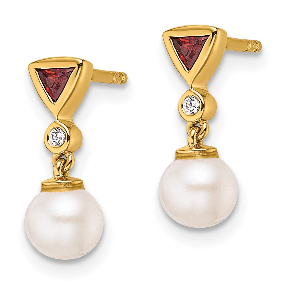 14K Gold Polished Diamond, Ruby & Pearl Dangle Post Earrings