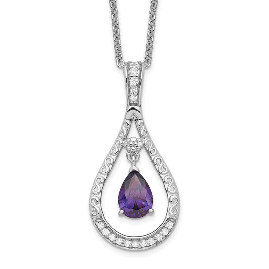 Sentimental Expressions Sterling Silver Rhodium-plated Feb. CZ Stone Never Forget Tear 18 Inch Birthstone Necklace 18 Inches