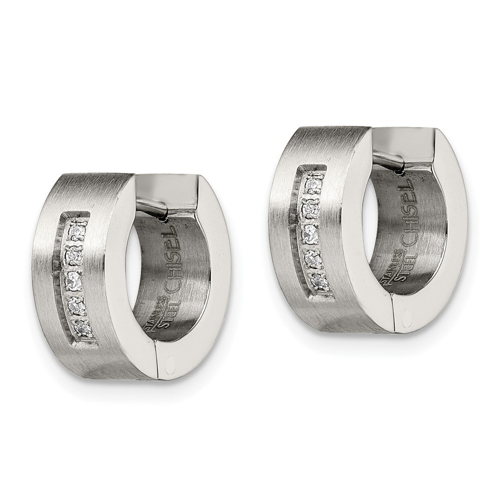Stainless Steel Brushed & Polished w/CZ Round 5mm Hinged Hoop Earrings