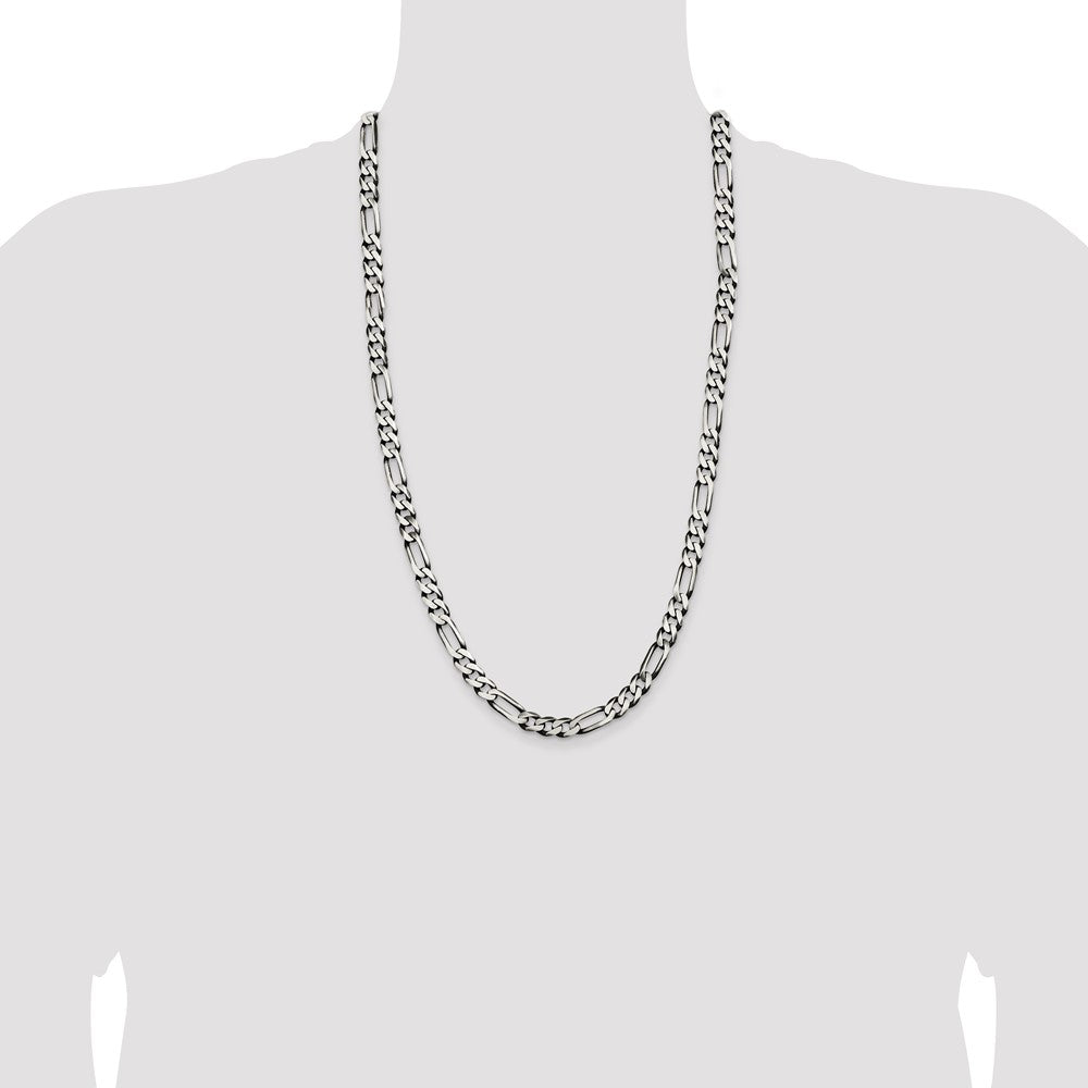 Sterling Silver Antiqued 7.5mm Figaro Chain 28 Inches