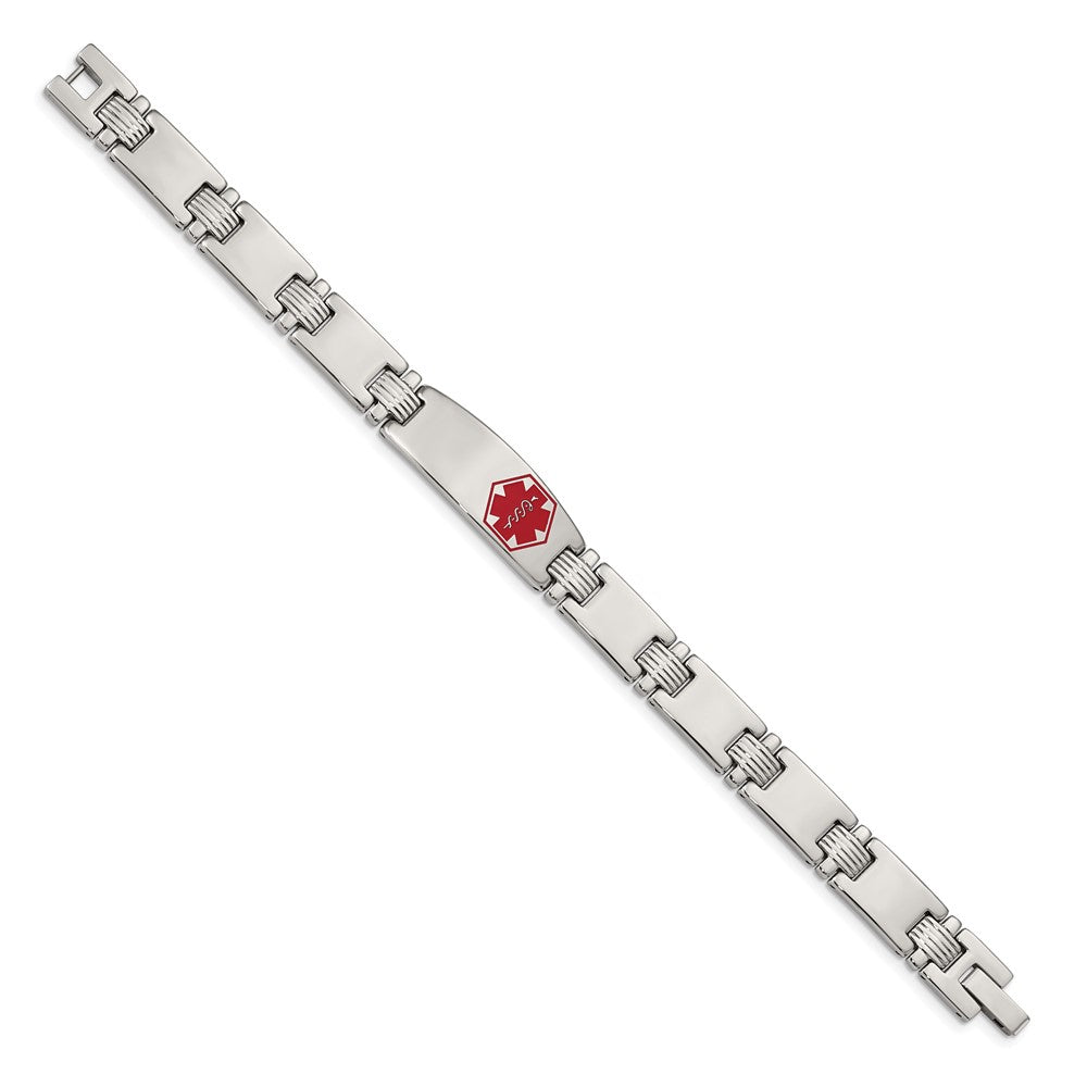 Stainless Steel Polished/Brushed Red Enamel 8.25in Medical ID Bracelet 8.25 inches