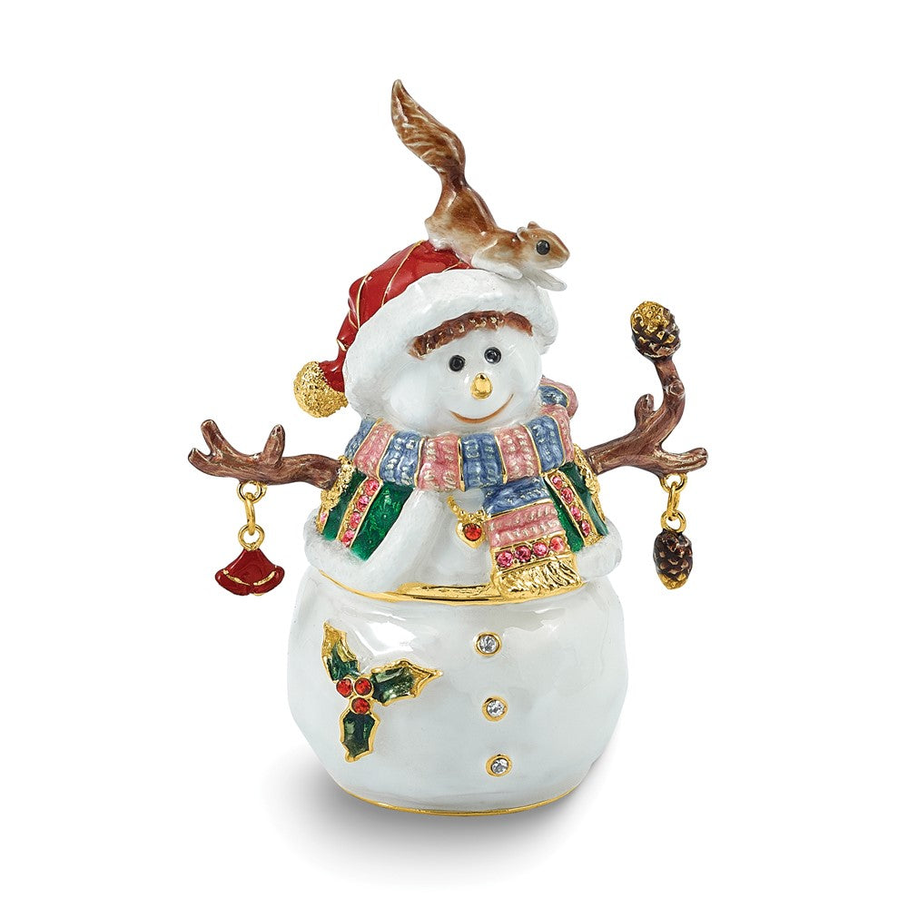 Luxury Giftware by Jere Bejeweled FROSTY FREDDIE Snowman with Squirrel Trinket Box with Matching 18 inch Necklace