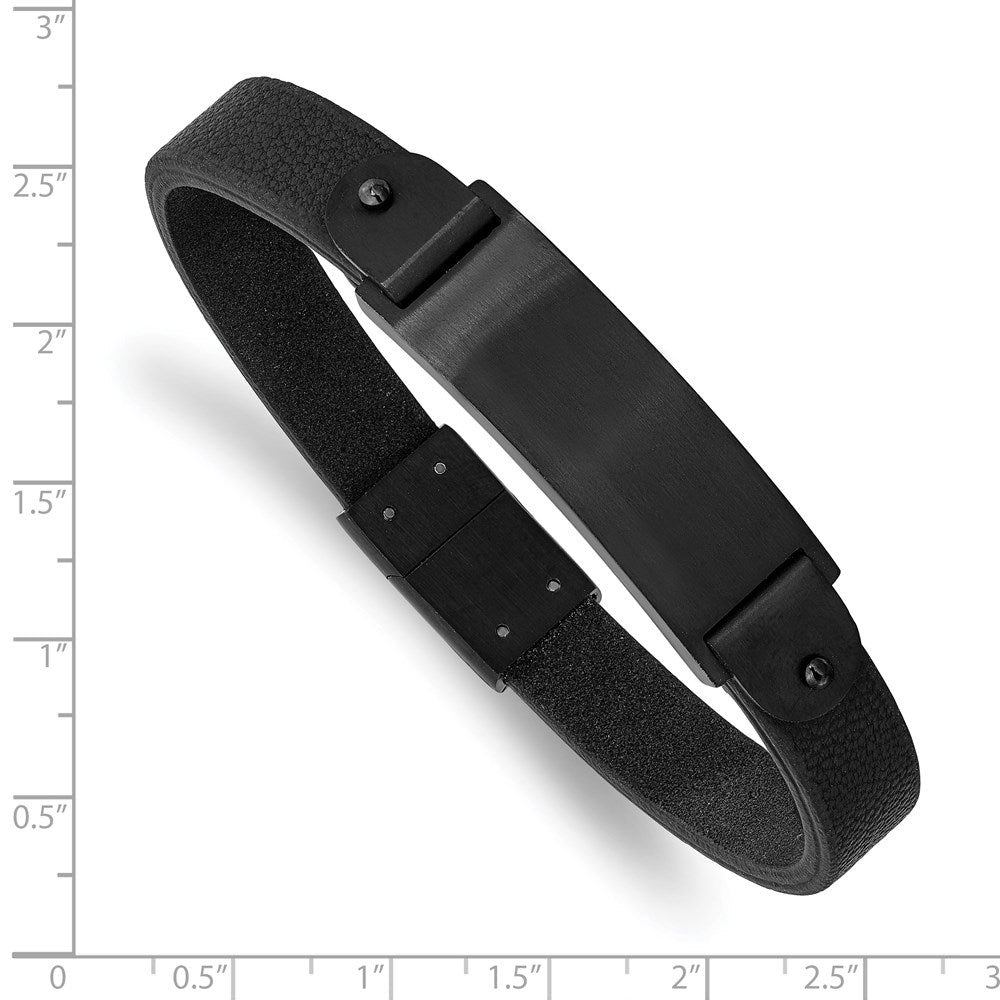 Stainless Steel Brushed Black IP-plated Black Leather 8.5in ID Bracelet 8.5 inches