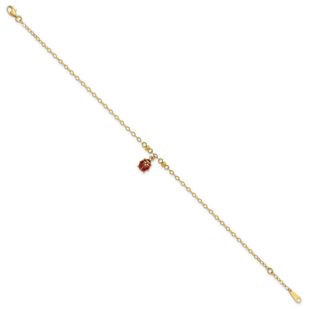 14K Adjustable Enameled Ladybug 9in Plus 1in ext. Anklet 10 inches