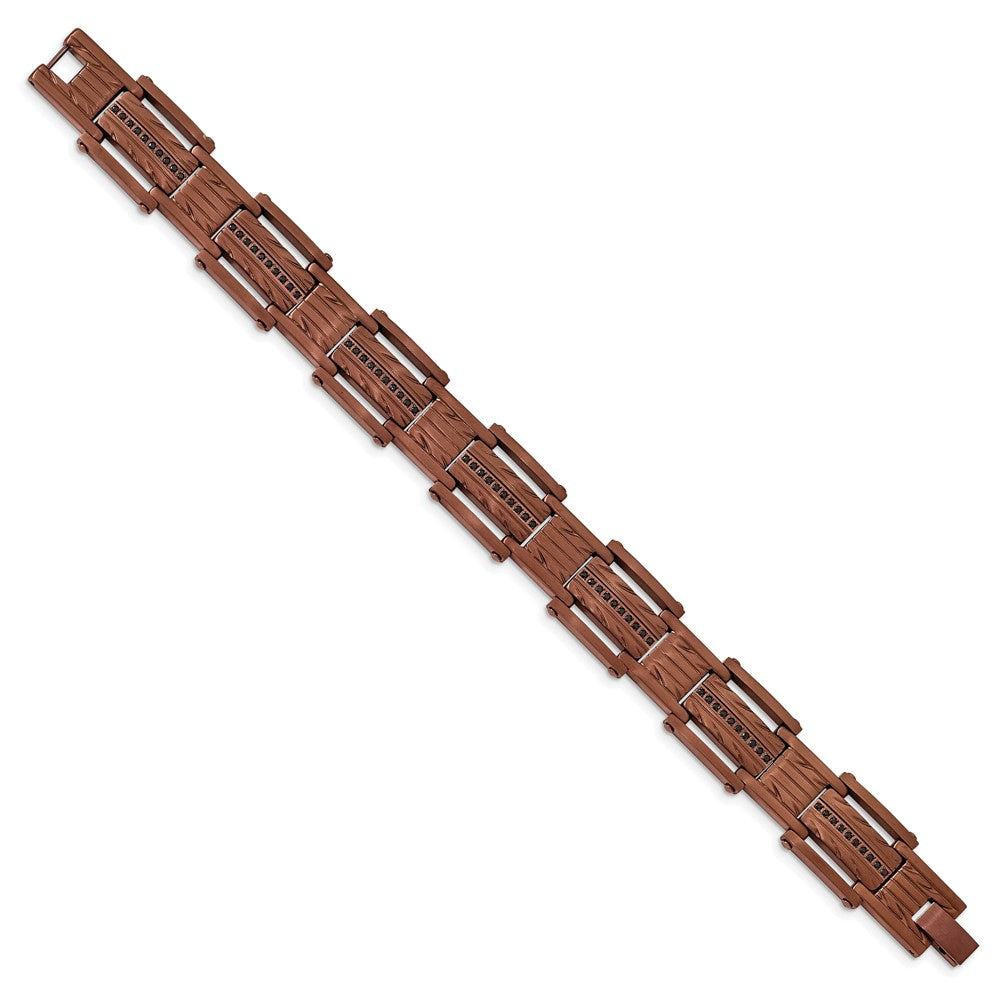 Stainless Steel Brushed and Textured Brown IP w/Black CZ 8.25in Bracelet 8.25 inches